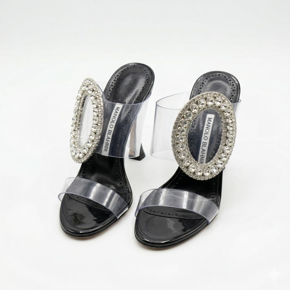 Manolo Blahnik Fibionabi 105 Crystal PVC Patent Mule Heels Black 35.5 5.5